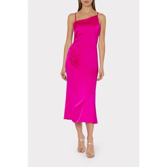 Milly Electra Satin Slip Midi Dress in Fuchsia Size 10 - Picture 3 of 16